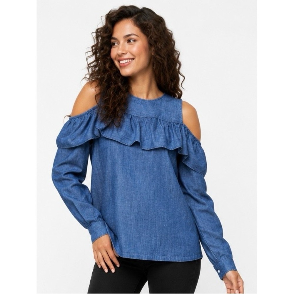 Loft Womens Cold Shoulder Denim Blouse Medium Cottage Coastal Ruffle Linen